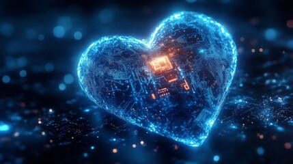 Glowing circuitry heart showcasing intricate technology in a vibrant digital landscape
