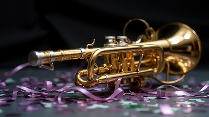 Naklejka premium Golden Trumpet with Confetti on Black Background.