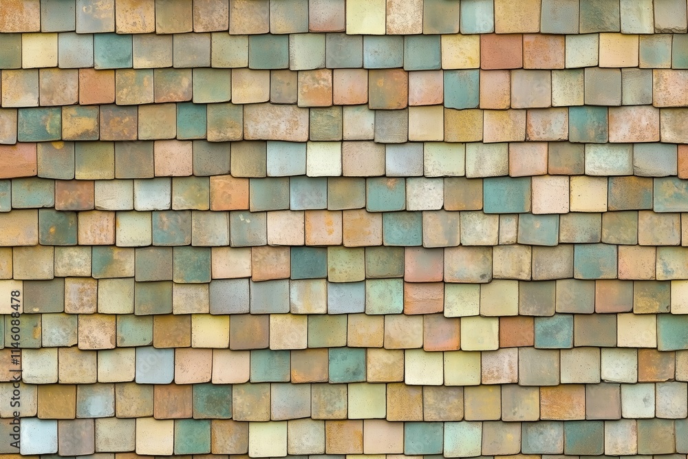 Poster seamless textured wall made of colorful tiles arranged in a staggered pattern. the tiles feature var