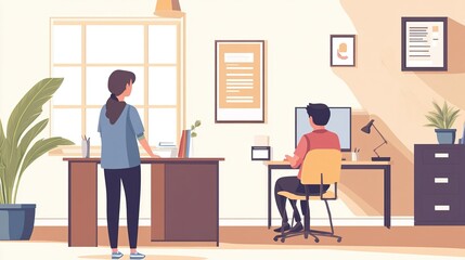 Flat vector style of a counselor helping a student in a school office.