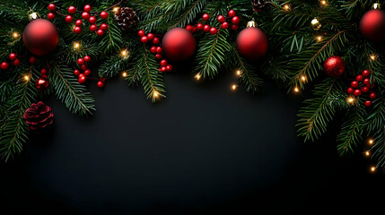 Fototapeta premium Festive Holiday Decorations: Red Ornaments, Pine, Berries, Lights