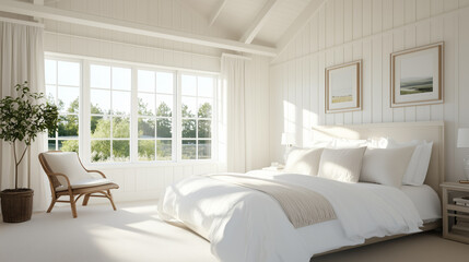 Fototapeta premium Bright and airy modern bedroom with large windows and simple decor in a serene home setting