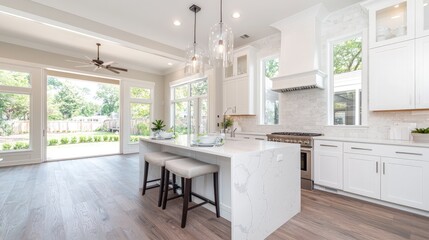 Modern white kitchen with island, hardwood floors, and backyard view.