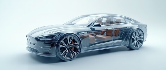 3D of a modern car with semi transparent features, showing a view of its internal