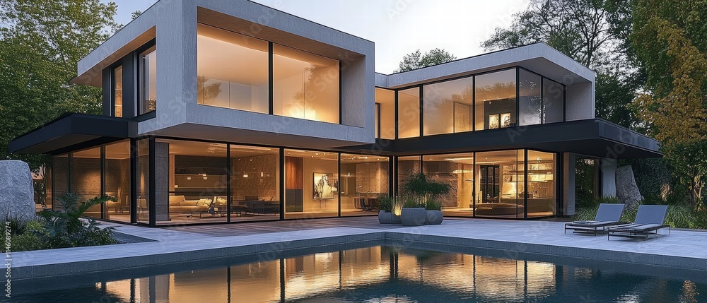 Poster modern house with large windows and pool surrounded by greenery in a serene urban setting during twi