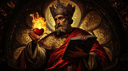 Naklejka premium A luminous stained-glass portrayal of Saint Augustine, holding a flaming heart and a book, surrounded by glowing golden and crimson hues,