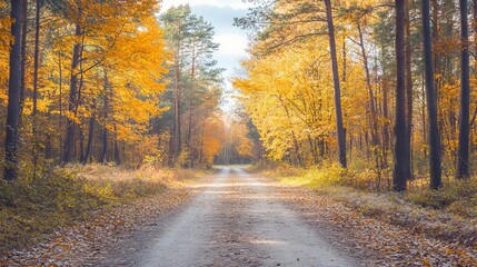 Obraz premium Autumn forest path with golden fall leaves and warm light illuminating vibrant foliage, scenic october landscape with maple trees and leaf-covered road in tranquil nature setting