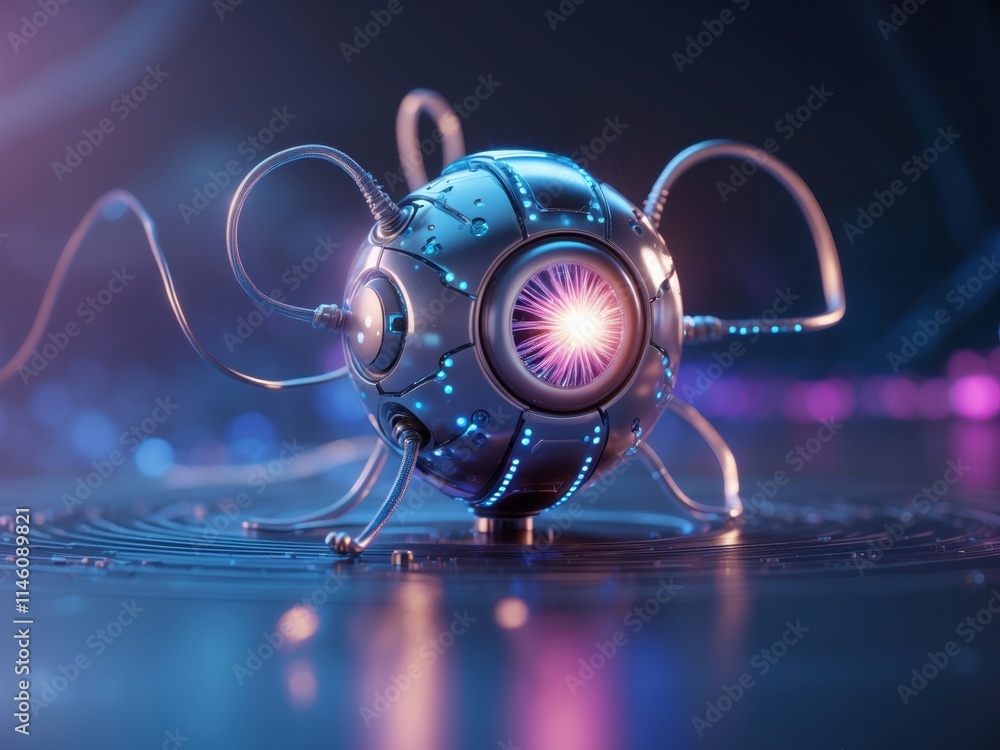 Poster creative futuristic orb with glowing core and metallic tentacles in a high-tech environment