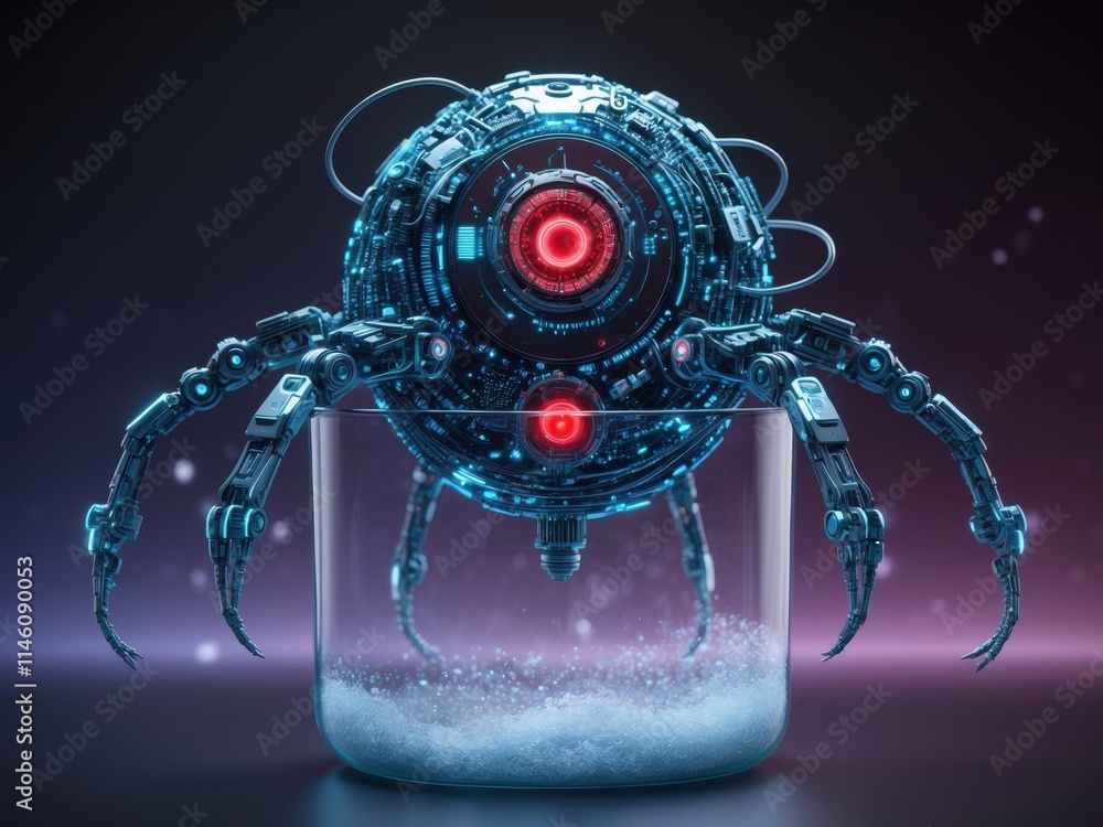 Poster advanced robotic spider with intricate design sits in transparent container surrounded by glowing pa