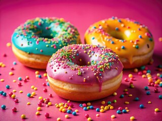 Pink sprinkle-covered glazed donuts; a delectable food photo showcasing a trio of sweet treats.