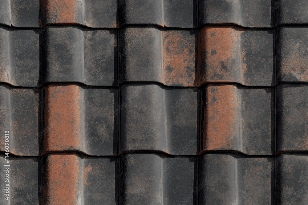 Poster seamless weathered roof tiles with a mix of dark and rusty colors, showcasing texture and patterns.