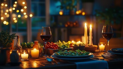 Fototapeta premium A beautifully arranged dinner table features delectable dishes, wine glasses, and candles illuminating the night.