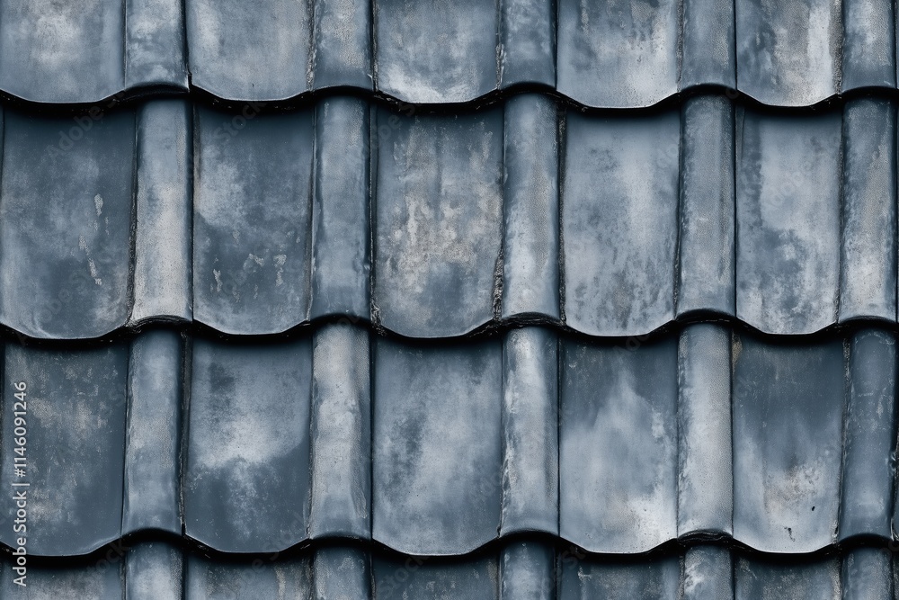 Poster seamless weathered slate roof tiles arranged in a wavy pattern, showcasing texture and color variati