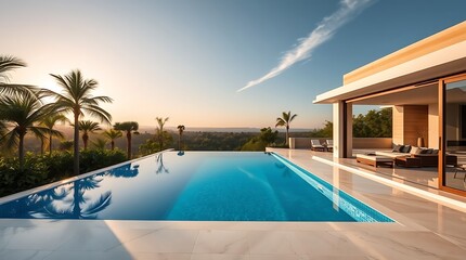 Fototapeta premium A luxurious modern beachfront home illuminated at dusk, featuring a stunning architectural design with expansive windows showcasing the interior's warm ambiance and comfortable furnishings,...