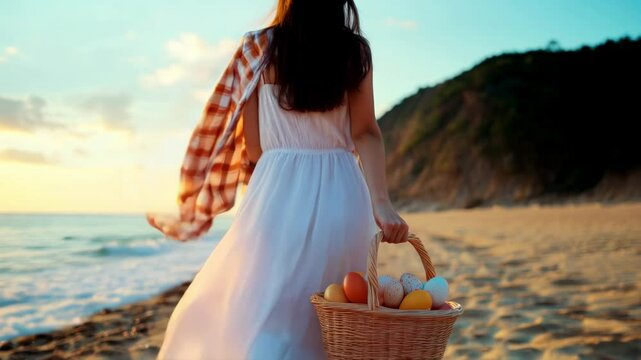 A woman with a wicker basket of easter eggs against a sunset beach with waves and windy plaid