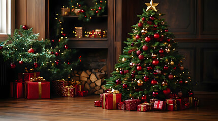 Decorating Festive Christmas Tree with Red Ornaments and Gifts