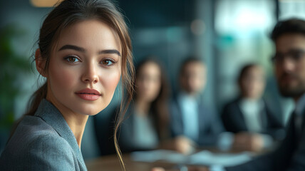 Obraz premium Confident Businesswoman Portrait Team Meeting Background