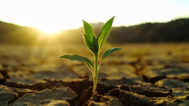Resilience of nature a sprout emerges from parched earth highlighting desertification awareness