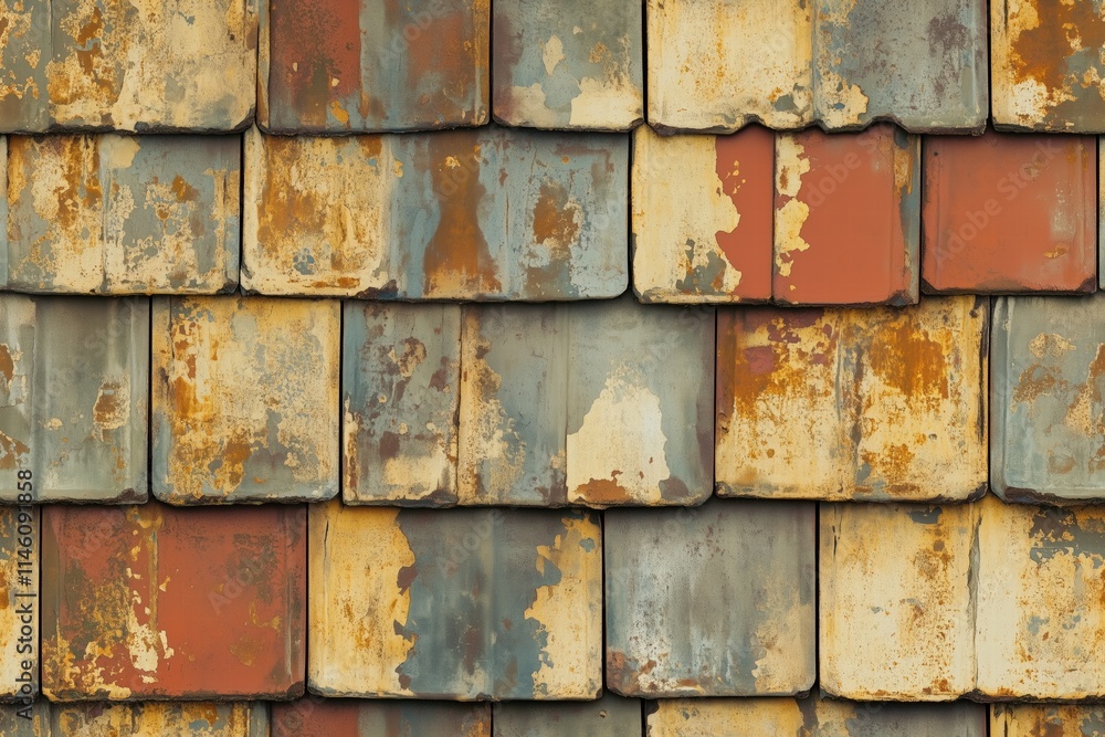 Poster seamless weathered and rusty metal wall, featuring a pattern of overlapping rectangular tiles in var