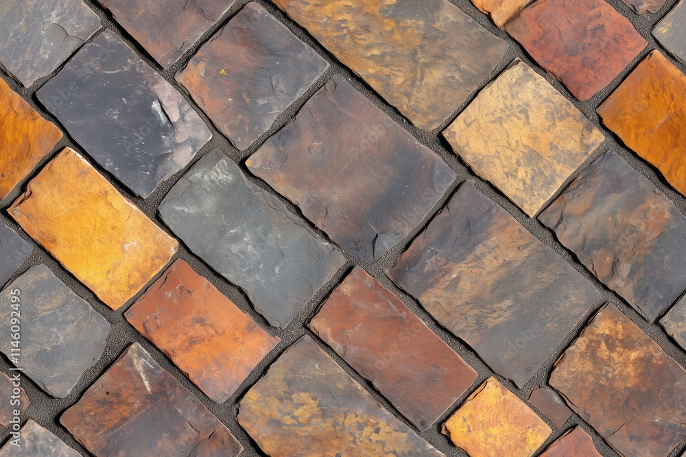 Poster seamless textured stone pavement with irregularly shaped, multicolored stones arranged in a diagonal