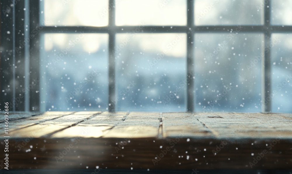 Poster Snow Falling Gently Outside a Window with Soft Light Reflecting on Wooden Surface, Creating a Cozy and Tranquil Winter Atmosphere