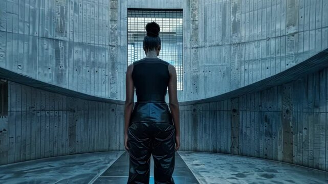 A sleek and minimalist jumpsuit with metallic accents and outs hinting at the precise and structured nature of particle physics.
