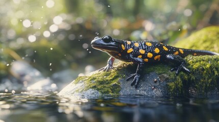 A spotted salamander crawling out of a small pond onto a mossy rock