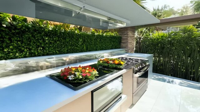 Dolly video showcases a modern glass outdoor kitchen in a lush tropical garden with stainless steel appliances