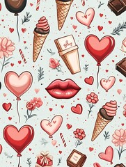 Charming Valentine s Day Pattern with Heart Shapes Gifts and Sweets in Cartoon Style