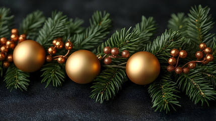 Golden Ornaments Decorate Festive Evergreen Branches