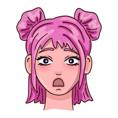 Shocked female person face with pink hair. Vector illustration.