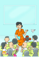 
Inside the school classroom, teacher and students, color illustration