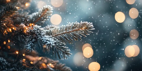 Snow-Covered Evergreen Branches with Soft Bokeh Lights and Gentle Falling Snowflakes in a Winter Wonderland