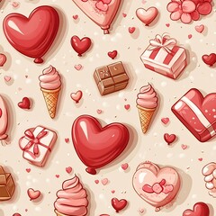 Whimsical Valentine s Day Themed Pattern with Hearts Gifts and Confectionery in Cartoon Style