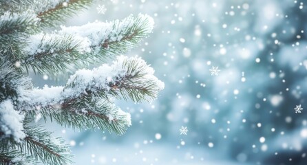 Obraz premium Snow-covered Pine Branch with Soft Bokeh Background and Gentle Snowflakes Falling in a Frosty Winter Wonderland Scene