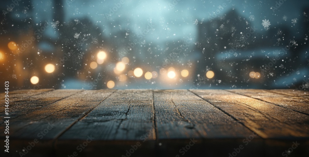 Poster Snowfall and Winter Scene with Blurry Lights Background Captured on a Rustic Wooden Surface Creating a Cozy and Atmospheric Setting