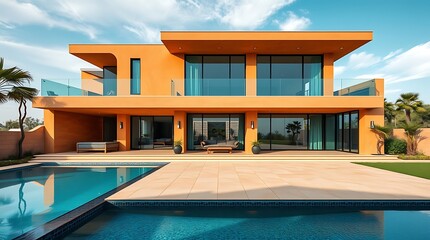 A ultra-luxurious modern orange villa with a stunning infinity pool and spacious outdoor patio, featuring floor-to-ceiling windows, glass balconies, and elegant landscaping under a bright...
