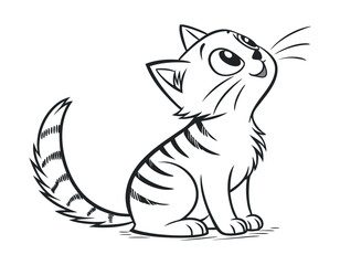 Cute cartoon kitten looking up with big eyes, sitting playfully.