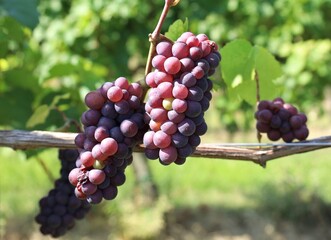 Ripe Pinot Gris grapes with multicolored berries on vine at the end of summer.