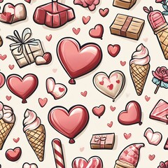 Whimsical Valentine s Day Pattern with Hearts Gifts and Treats in Cartoon Style