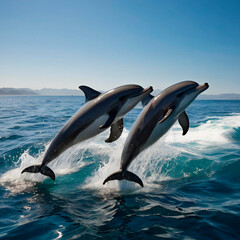 Fototapeta premium a dynamic and lively scene of a group of dolphins leaping joyfully out of the sparkling blue ocean