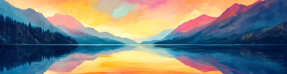 Vibrant sunset over a calm lake reflecting colorful mountains and forest.