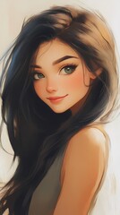 Naklejka premium Stunning Anime Girl Portrait: A Digital Painting of a Beautiful Woman with Long Black Hair and Green Eyes