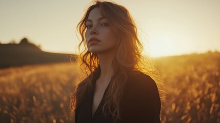 Fototapeta premium Backlit woman standing in a field at sunset, soft golden light illuminating her hair, peaceful and contemplative mood, nature and solitude