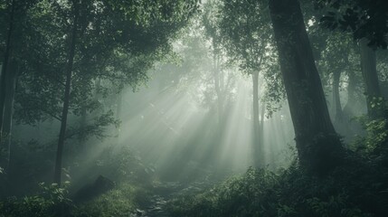 Obraz premium dense foggy forest with sunlight streaming through the trees, symbolic of mystery and serenity, textured atmospheric focus