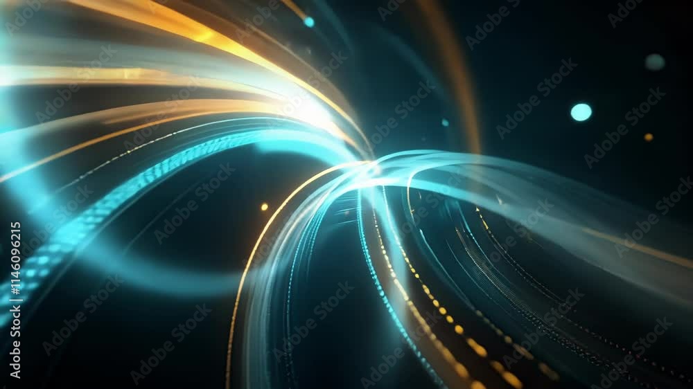 Poster abstract digital background visualizing futuristic swirling light trails and particles creating a dy