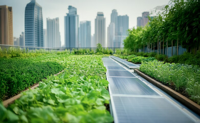 Fototapeta premium A lush rooftop garden in an urban setting featuring rows of greenery and solar panels, promoting eco-friendly and sustainable living.