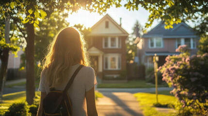 Exploring charming neighborhood, first time home buyer enjoys view