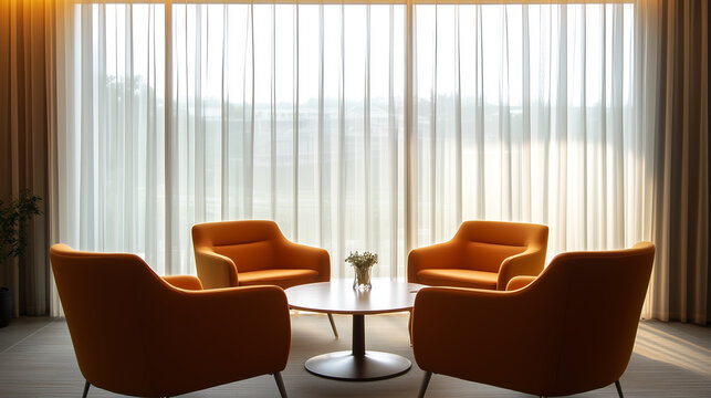 Cozy seating area with modern chairs and large window offering natural light in a contemporary space