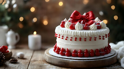 Elegant Festive Cake Decorated with Red Berries and Bow